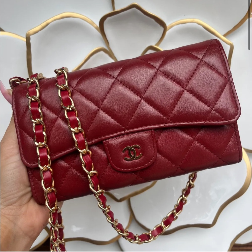 CHANEL Red Lambskin Classic Flap Wallet on Chain